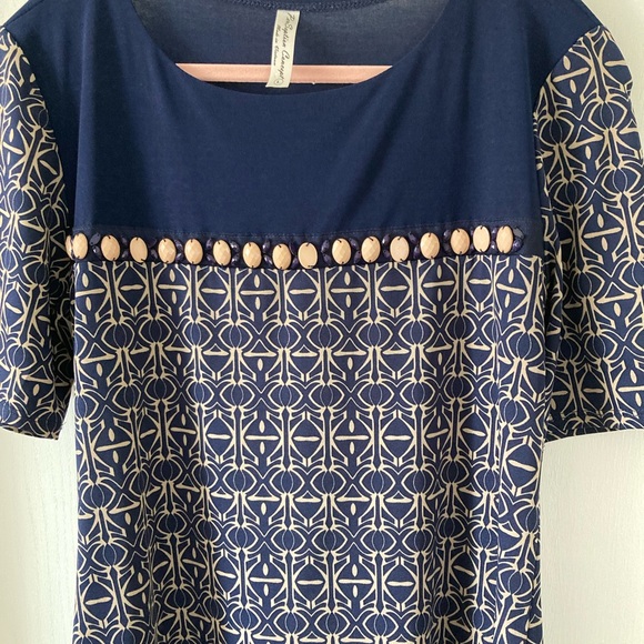 PerSeption Concept Navy Geometric Midi Dress L | Stretchy Short Sleeve - Picture 3 of 8